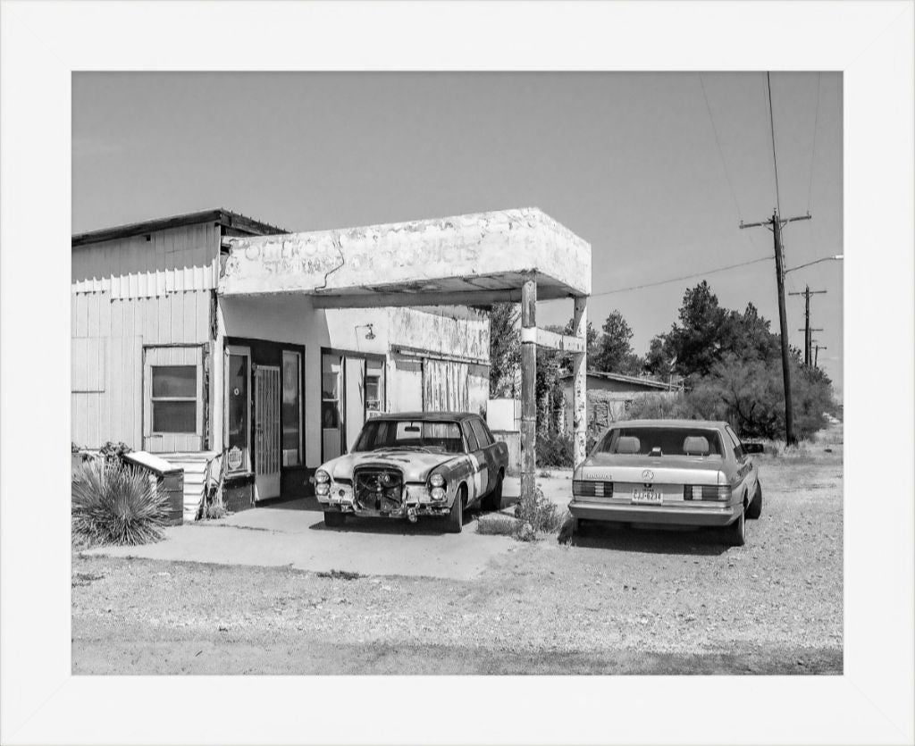 Old Sad Songs Photography - Quick Stop Has Standard Oil Products, Again in Contemporary White Frame